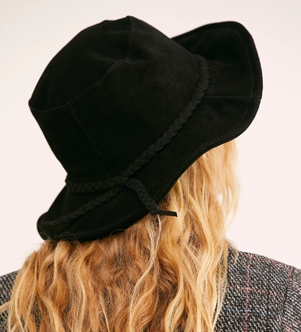FREE PEOPLE Hat OS Tennessee Suede Leather Floppy Bucket Cap Braided Band Black